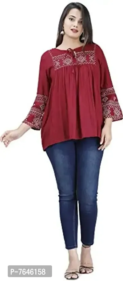 Women's Embroidered Short Kurta Top (Maroon, Small)-thumb5