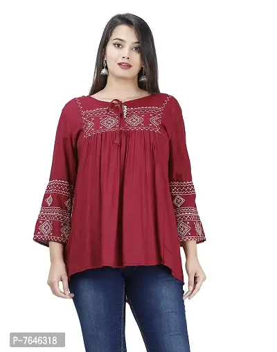 Womenrsquo;s Stylish Fashionable Rayon Embroidery top Size Casual || Party || Beach || Formal || Meeting || Office wear || Party || Evening || College (Maroon S)