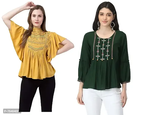 Shoppy Assist Women's Casual Trendy Embroidered Fusion Top- Combo Pack(2) with Loose fit Kaftan Tops (42, Green-MUSTURD)