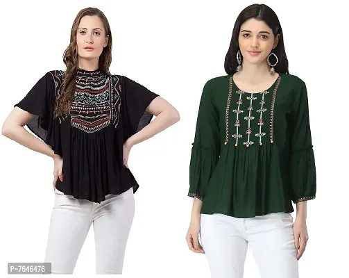 Shoppy Assist Women's Casual Trendy Embroidered Fusion Top- Combo Pack(2) with Loose fit Kaftan Tops (38, Green-Black)