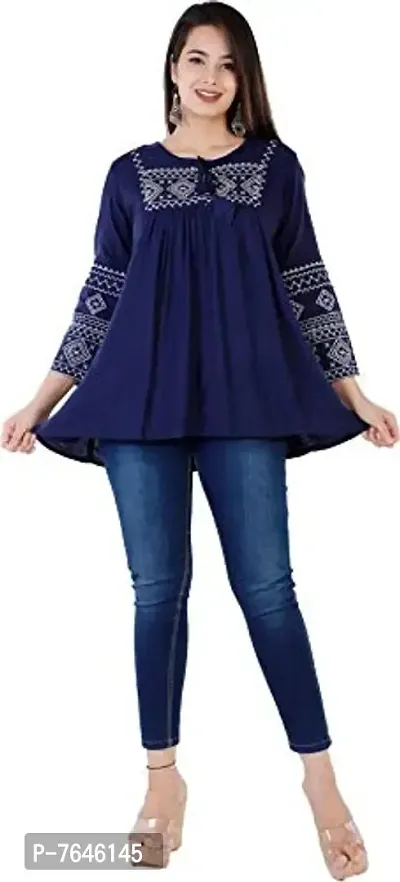 Women's Embroidered Short Kurta Top (Navy Blue, Small)-thumb5