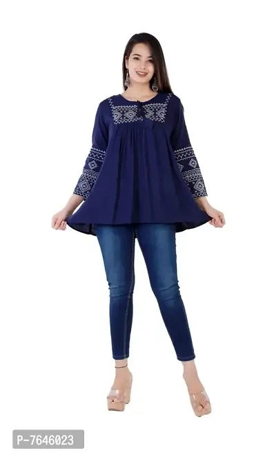 Tackles Rayon Nevy Blue Embroidery Work A-Line Tops