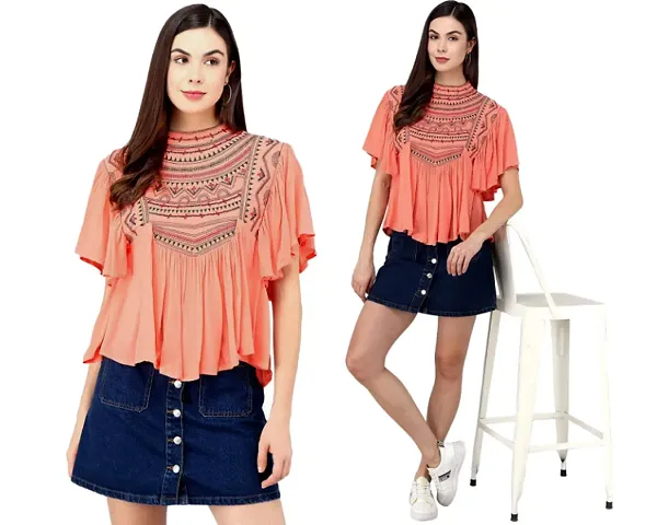 Shoppy Assist Womens Trendy Stylish Embroidered Kaftan Style Loose Fit Top-Ruffle Sleeves-Loose Fit- Fine Embroidery-Casual Rich Look