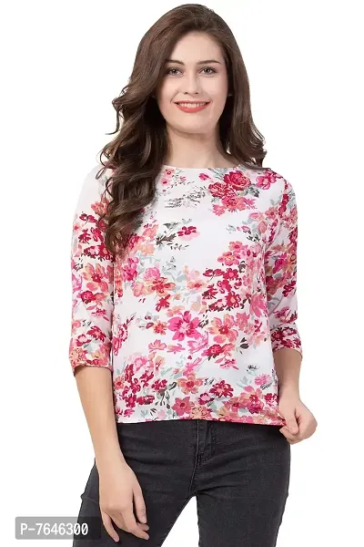 Casual 3/4 Sleeve Printed Women White, Pink Top (Large)