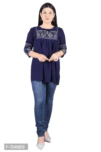 Madstitches Apparels Private Limited Women Embroidered Rayon Flared Top (HebaTopNavyBlue)