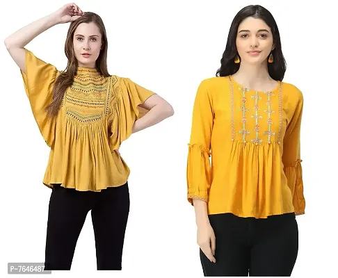 Shoppy Assist Women's Casual Trendy Embroidered Fusion Top- Combo Pack(2) with Loose fit Kaftan Tops (42, MUSTURD-MUSTURD)
