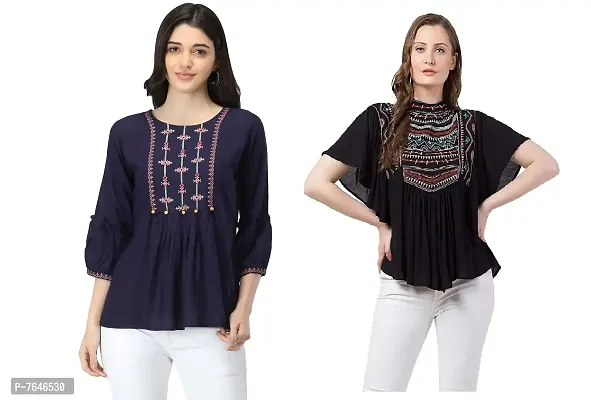 Shoppy Assist Women's Casual Trendy Embroidered Fusion Top- Combo Pack(2) with Loose fit Kaftan Tops (38, Navy Blue- Black)
