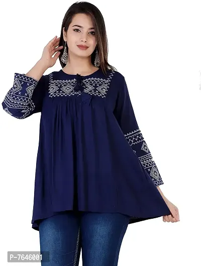 Top for Women| Embroidered Straight RayonTop | Round Neck Full Sleeves Short for Women's BR Fashion Club