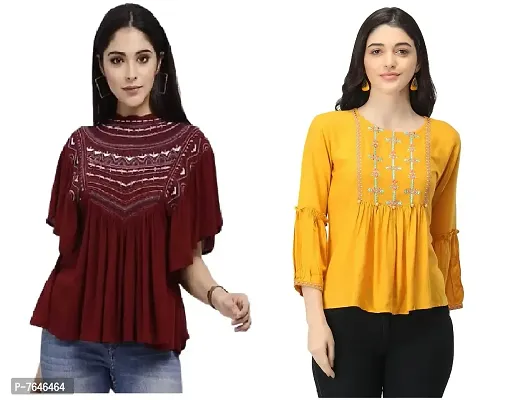 Shoppy Assist Women's Casual Trendy Embroidered Fusion Top- Combo Pack(2) with Loose fit Kaftan Tops (38, MUSTURD-Maroon)