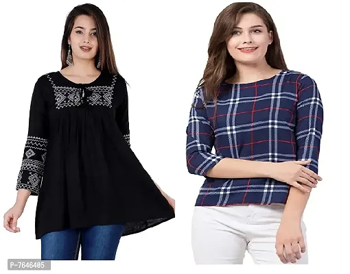 Women's Western Casual Top Navy Blue White Check  Stylish Black Casual Embroidered Regular Fit Combo