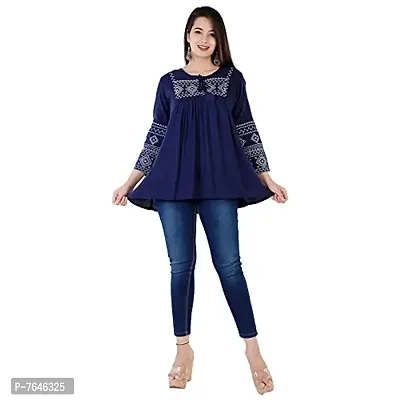 Womenrsquo;s Stylish Fashionable Rayon Embroidery top Size Casual || Party || Beach || Formal || Meeting || Office wear || Party || Evening || College (Blue, L)