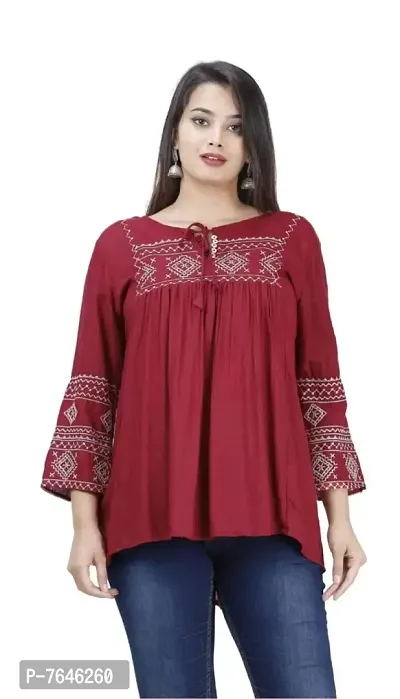 Rayon Red Embroidery Work A-Line Tops with Embroidery