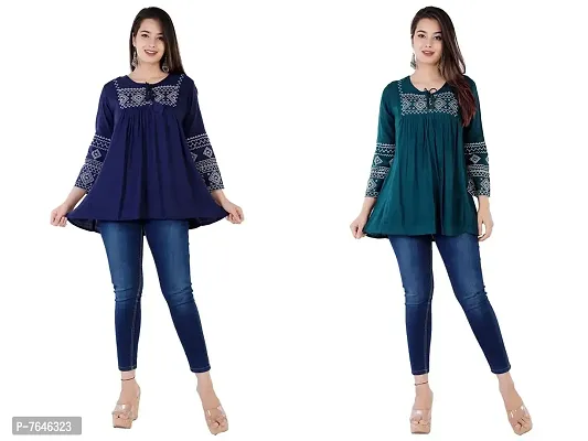 Women Embroidered/Printed Top with Half Sleeves for Office Wear, Casual Wear, Under 499 Top for Women/Girls Top Combo Pack of 2 (BluePetrol-EMB-Small)