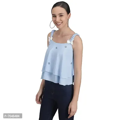 Shoppy Assist Women's Casual Flared Solid Sleeveless Top-Crop Fit (38, Blue)-thumb0