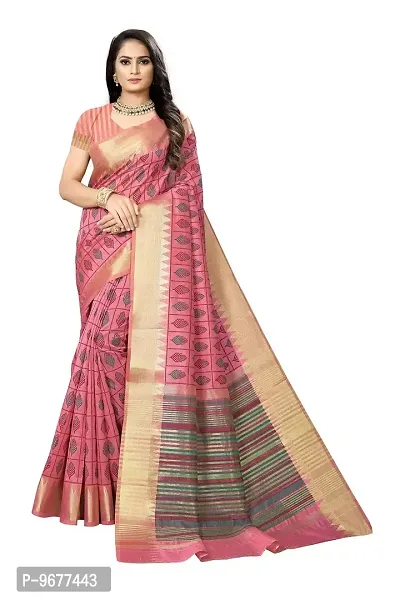 S F Assam Handloom Women's Sambalpuri Cotton Print Saree With Blouse Piece (Pink)-thumb0