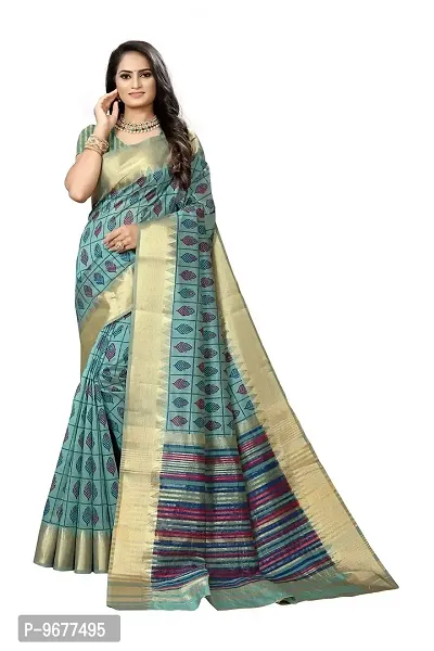 S F Assam Handloom Women's Sambalpuri Cotton Print Saree With Blouse Piece (Firozi)