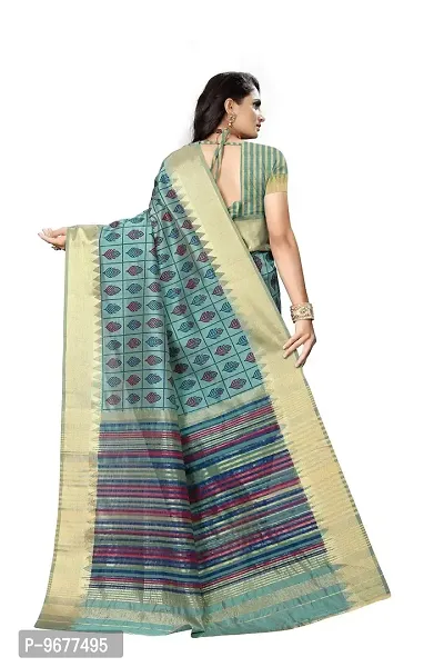 S F Assam Handloom Women's Sambalpuri Cotton Print Saree With Blouse Piece (Firozi)-thumb2