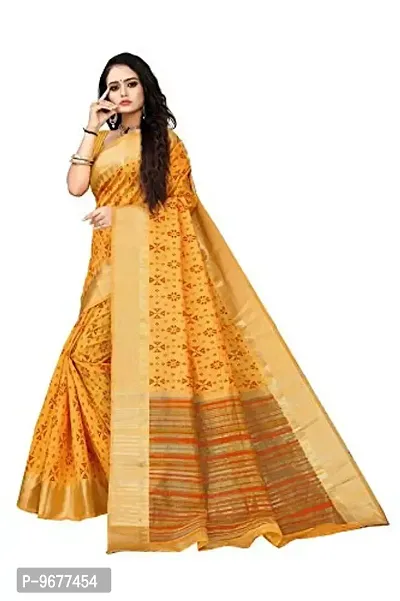 S F Women's Fancy with Ikat Pallu Floral Woven Pure Chanderi Cotton Handloom Print Saree with Blouse (Yellow (Masted))-thumb0