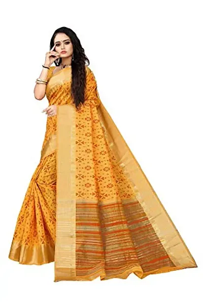 S F Women's Fancy with Ikat Pallu Floral Woven Pure Chanderi Handloom Print Saree with Blouse (Yellow (Masted))