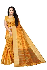 S F Women's Fancy with Ikat Pallu Floral Woven Pure Chanderi Cotton Handloom Print Saree with Blouse (Yellow (Masted))-thumb2