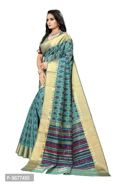 S F Assam Handloom Women's Sambalpuri Cotton Print Saree With Blouse Piece (Firozi)-thumb5