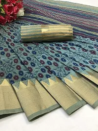 S F Assam Handicrafts Women's Hand block printed cotton mulmul fabric saree with Blouse Piece Traditional Jaipuri Print (Firozi)-thumb4