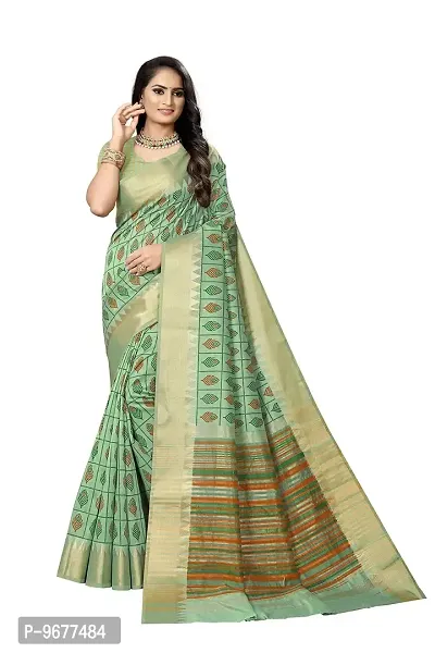 S F Assam Handloom Women's Sambalpuri Cotton Print Saree With Blouse Piece (Green)