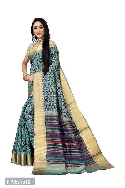 S F Chanderi Gadhwal New With Golden Zari Woven Women's Saree (Cotton Blend, blue)-thumb3