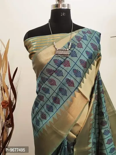 S F Assam Handloom Women's Sambalpuri Cotton Print Saree With Blouse Piece (Firozi)-thumb3