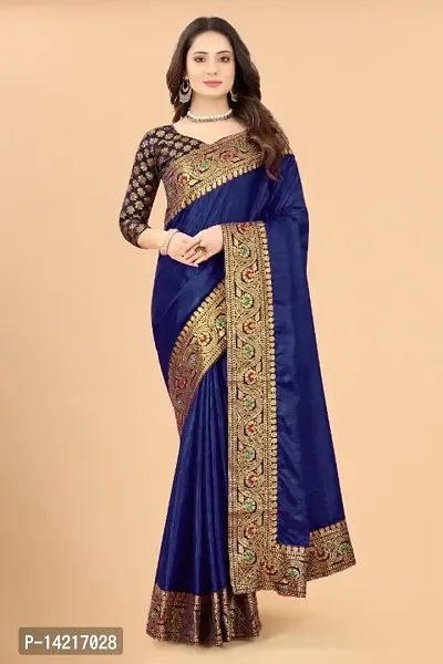 Indian Nevy blue Plain Saree With Zari  Work Lace Border