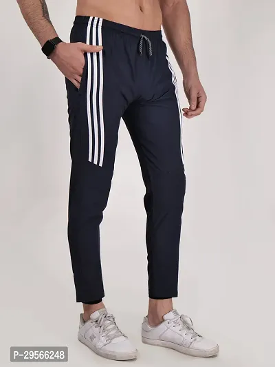 Elegant Navy Blue Polyester Striped Track Pants For Men-thumb3