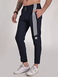 Elegant Navy Blue Polyester Striped Track Pants For Men-thumb1