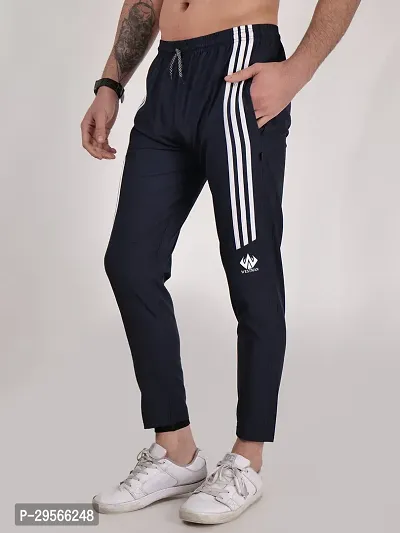 Elegant Navy Blue Polyester Striped Track Pants For Men-thumb2