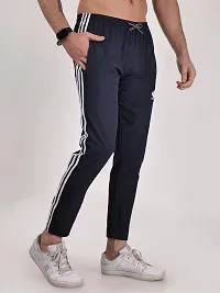 Elegant Navy Blue Polyester Striped Track Pants For Men-thumb1