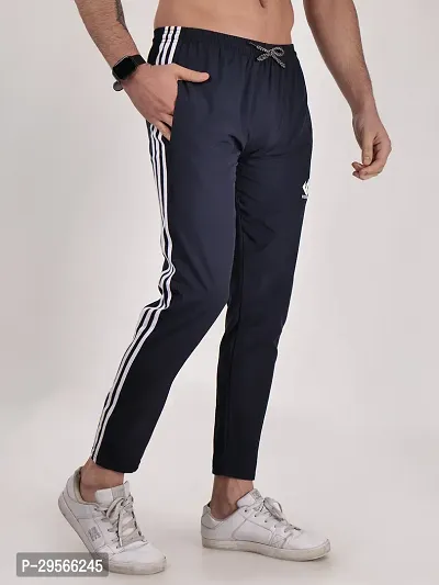 Elegant Navy Blue Polyester Striped Track Pants For Men-thumb2