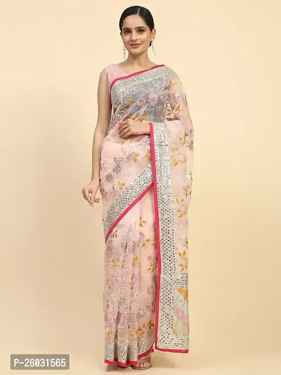 Women's Embroidery Sequence Work Organza Saree (5.5M) With Unstitched Blouse Piece (0.80M)-thumb0