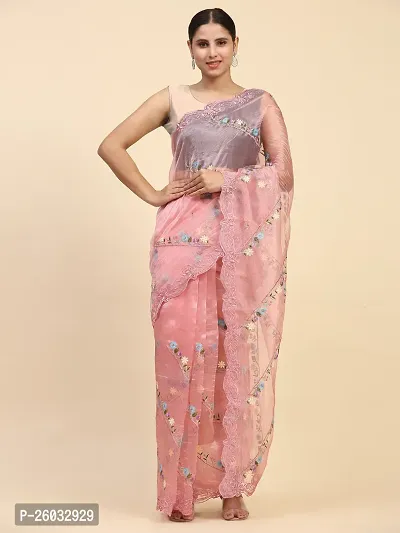 Women's Embroidery Work Organza Saree (5.5M) With Unstitched Blouse Piece (0.80 M)-thumb0