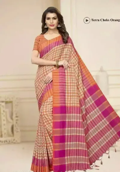 Daily Wear Cotton Blend Checked Sarees with Blouse piece