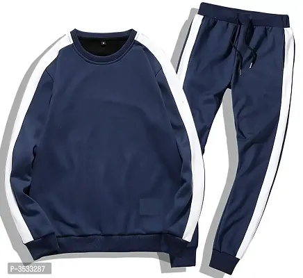 Men's Self Pattern Slim Fit Navy Blue Fleece Tracksuit-thumb0