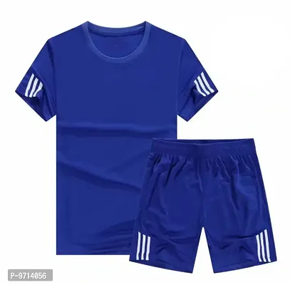 Fabulous Blue Polycotton Striped Sports Tees with Shorts Set For Men