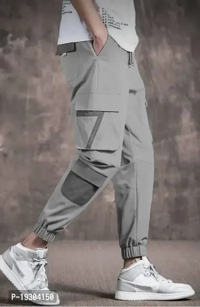 Grey Polyester Mid Rise Cargos For Men