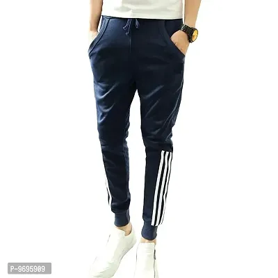 Stylish Navy Blue Cotton Blend Striped Joggers For Men
