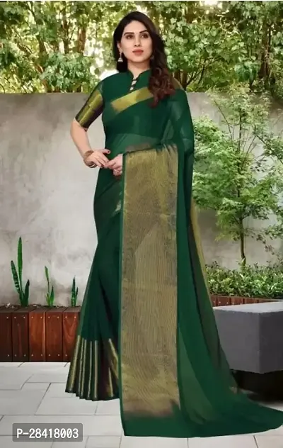 Elegant Green Chiffon Solid Woven Chanderi Saree With Blouse Piece-thumb0