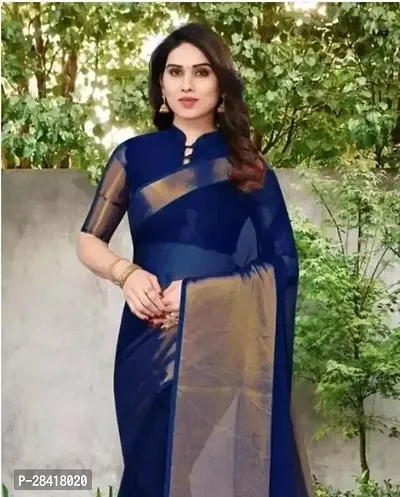 Elegant Blue Chiffon Solid Woven Chanderi Saree With Blouse Piece-thumb0