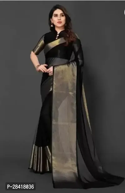 Elegant Black Chiffon Solid Woven Chanderi Saree With Blouse Piece