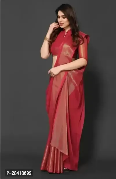Elegant Red Chiffon Solid Woven Chanderi Saree With Blouse Piece-thumb0
