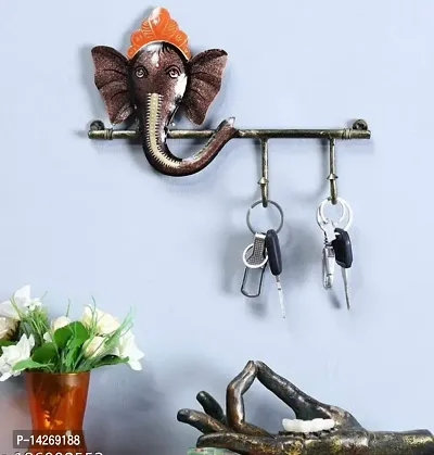 Wrought Iron Cast Lord Ganesha Key Holder 2 Hooks, Multicolored Wall Decor