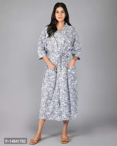 SHOOLIN Free Size Pattern Kimono Robe Long Bathrobe For Women ||Women Cotton Kimono Robe Long - Blue  ||  3/4 Sleeve Kimono For Women (Blue)-thumb0