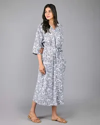 SHOOLIN Free Size Pattern Kimono Robe Long Bathrobe For Women ||Women Cotton Kimono Robe Long - Blue  ||  3/4 Sleeve Kimono For Women (Blue)-thumb3