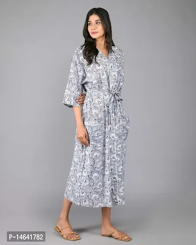 SHOOLIN Free Size Pattern Kimono Robe Long Bathrobe For Women ||Women Cotton Kimono Robe Long - Blue  ||  3/4 Sleeve Kimono For Women (Blue)-thumb4